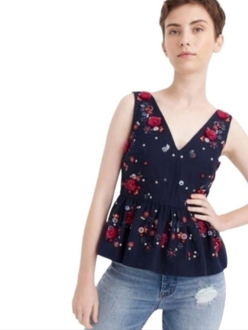 J. Crew Embellished Beaded Embroidered Navy Blue Peplum Top Size 0